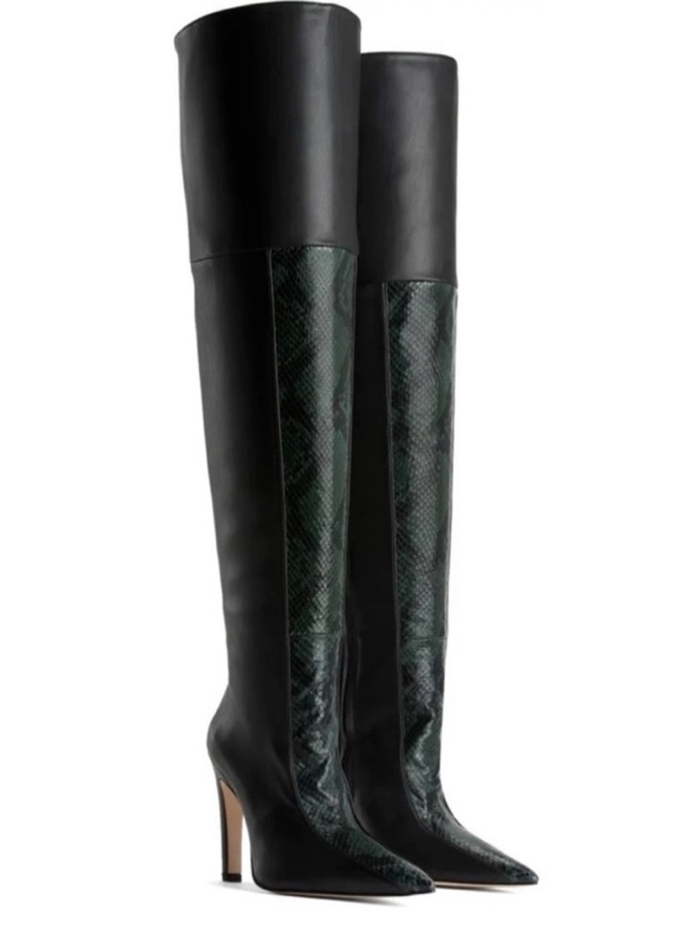 Good American Black Over-the-Knee Boots Green Snake-Texture Panel